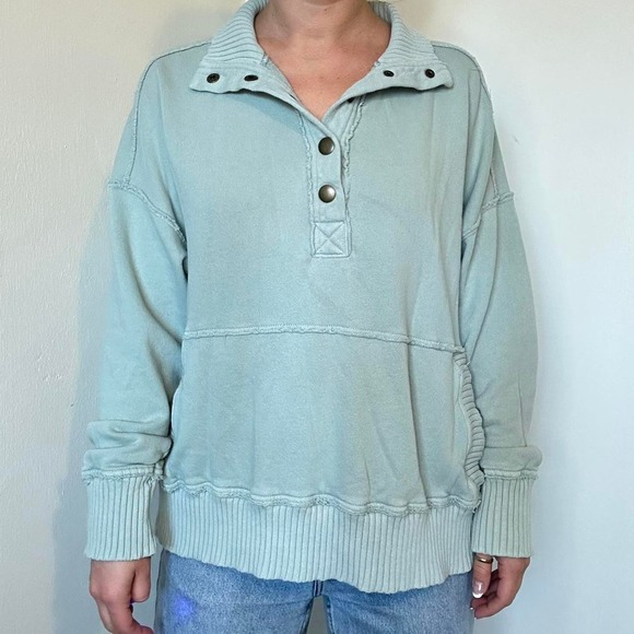 Aerie Light Blue Button-Up Sweatshirt - Picture 1 of 6